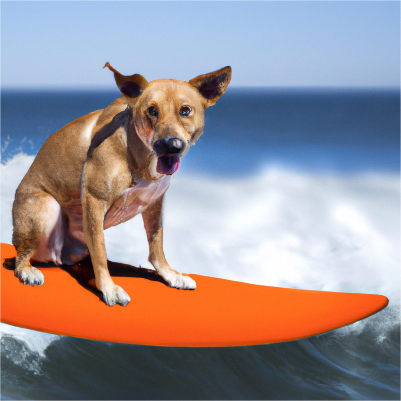 Image of small dog on orange surfboard